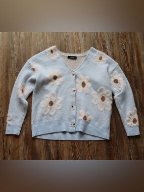 Dokotoo Womens Pastel Blue Daisy Cottagecore Fuzzy Button Front Cardigan L